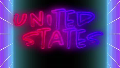 animation of united states neon text over grid on black background