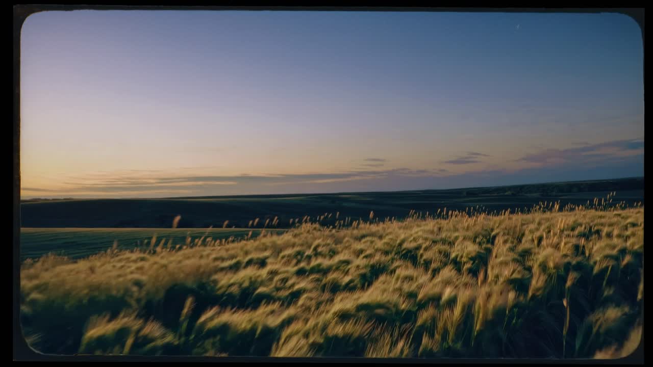Vintage-style video frame capturing a wide-angle view of a sunlit field with swaying grass
