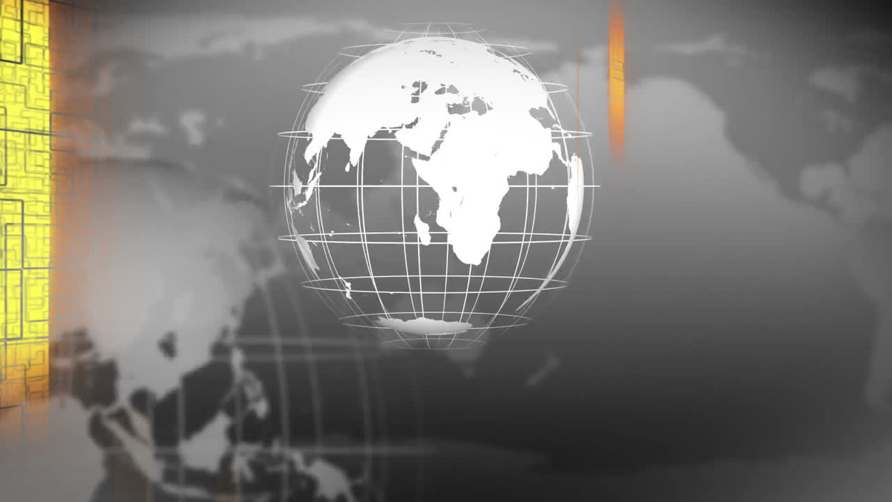 Rotating globe animation over abstract digital map background with yellow accents