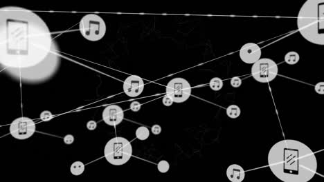 animation of networks of connections with icons on black background