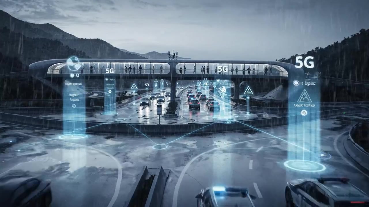 Traffico urbano in un ambiente piovoso con elementi high-tech che rappresentano connettività e funzionalità di smart city, accanto a auto e pedoni sotto un cielo cupo.