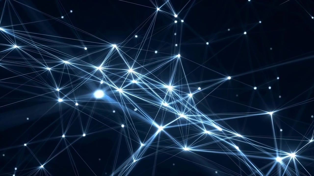 Bright interconnected lines and nodes move across dark background, forming evolving geometric structures with cool blue light, fine details, and wide composition suggesting digital connectivity.