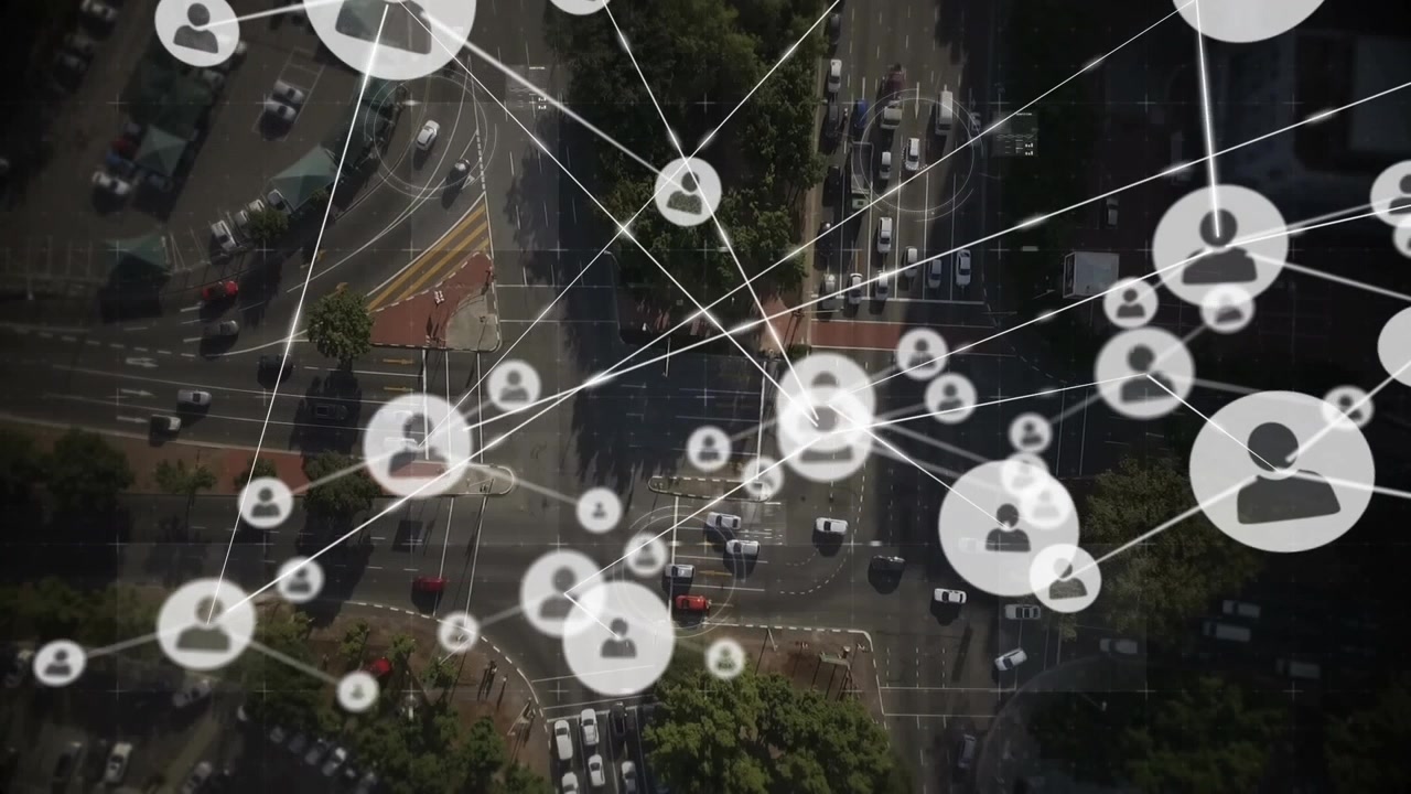 Animazione di paesaggio urbano su una rete di connessioni.