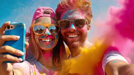 joyful couple covered in colorful powder celebrating holi