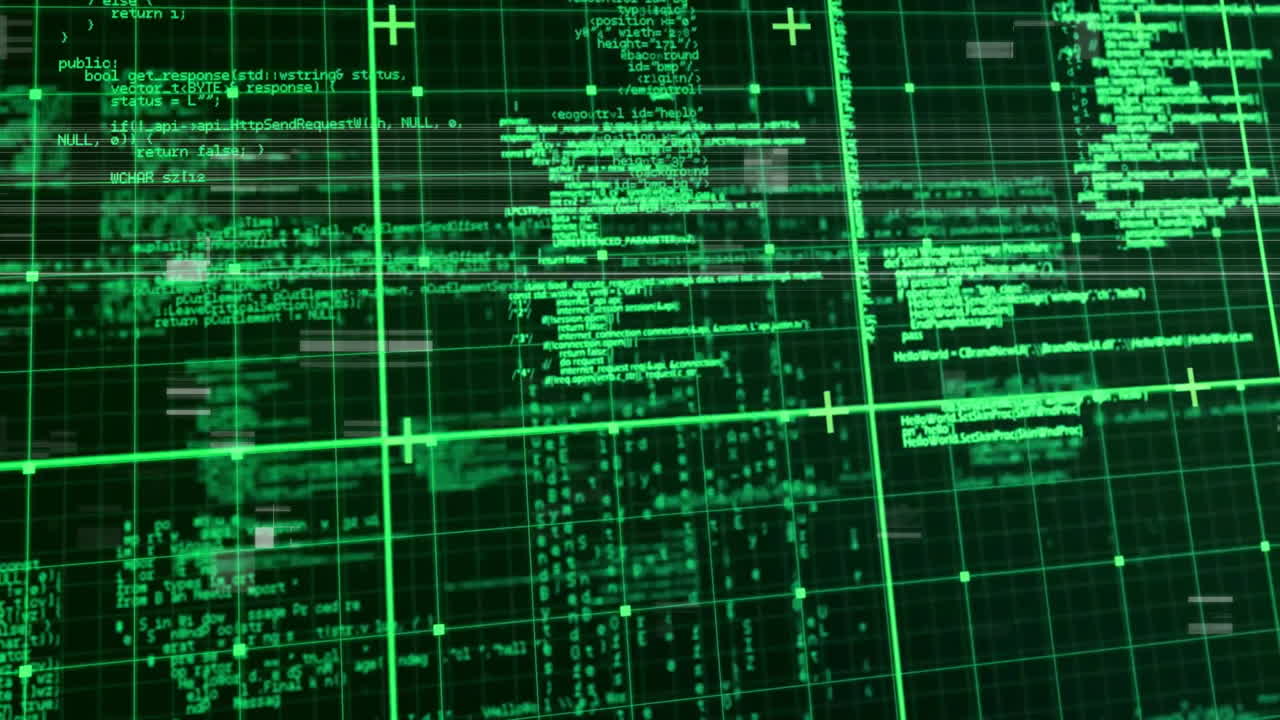 Green coding and data processing animation over grid background