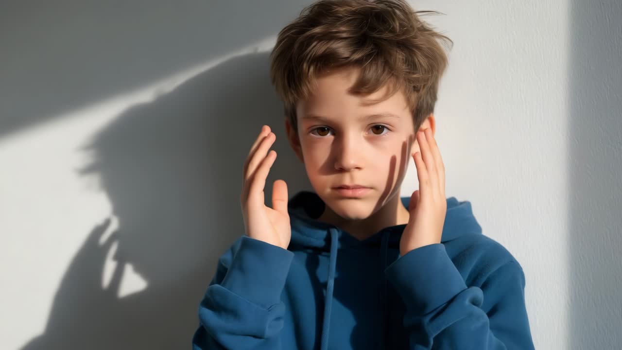 Boy in blue hoodie covers his face with hands, expressing emotions in a softly lit environment, highlighting the interplay of light and shadow in a moment of introspection