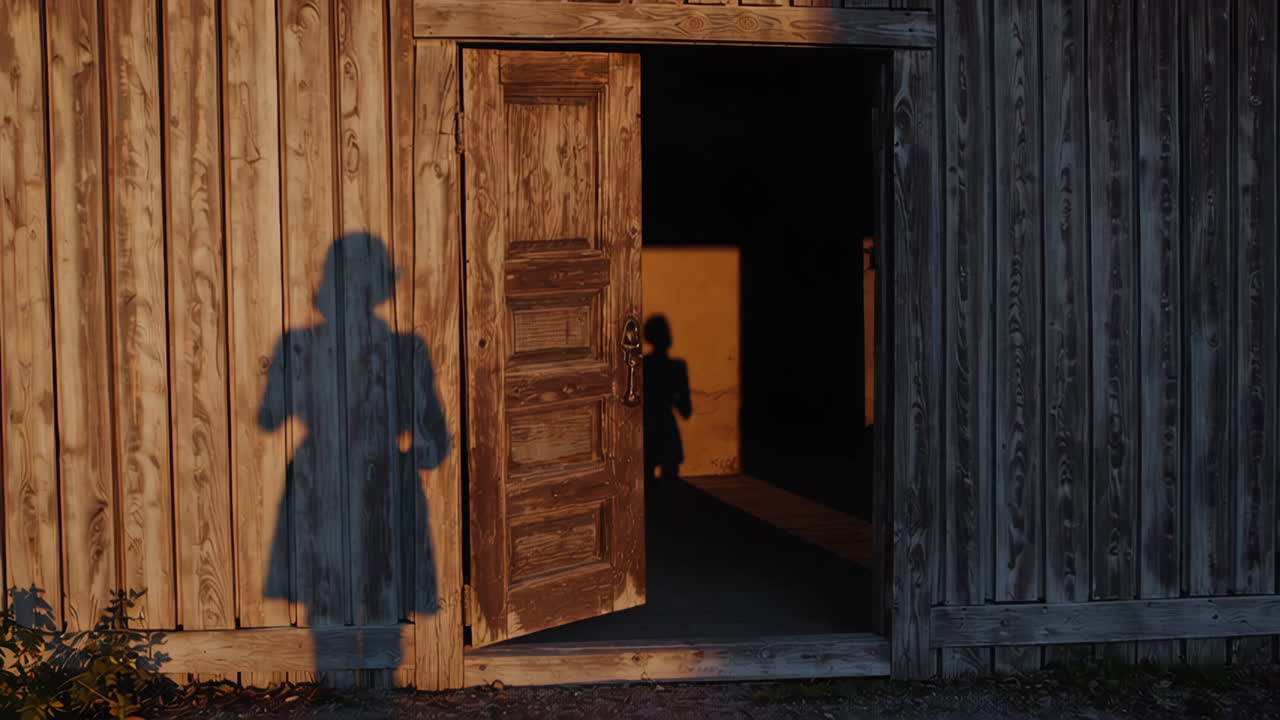 Kvindes silhuet ved en træladen dør ved solnedgang