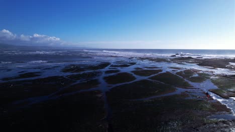 drone truck right over tide pools at mavericks beach, california during sunset.  23.976 fps.