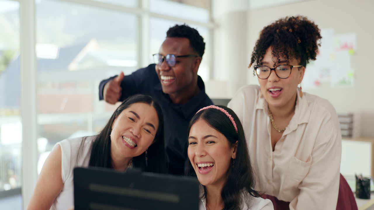 Happy Diverse Business Team Looking at Tablet