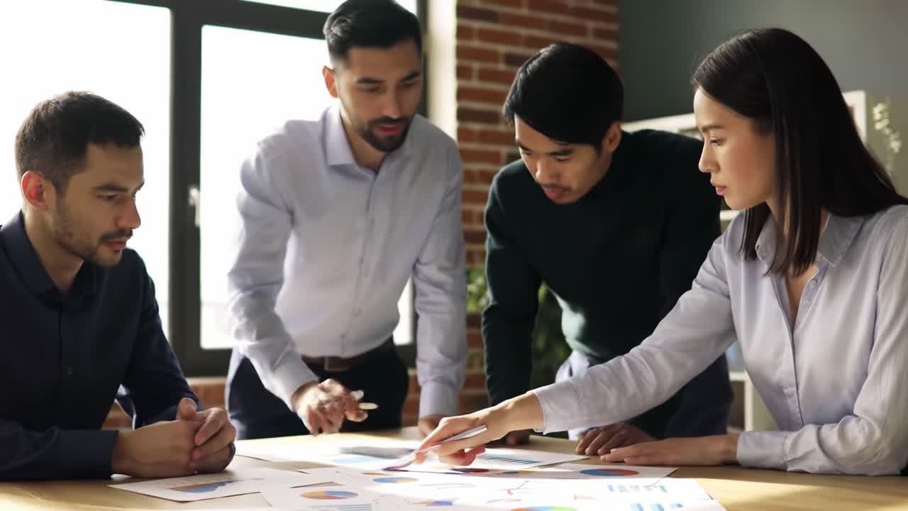 A Diverse Group of Professionals Collaborating Over Business Analytics During a Meeting in a Modern Workspace, Engaged in Discussion and Strategy Development