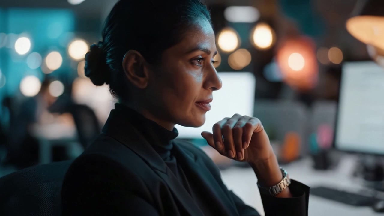 Thoughtful Professional Woman in Office Setting Contemplating Important Decisions Against a Backdrop of Blurred Technology and Ambient Lighting