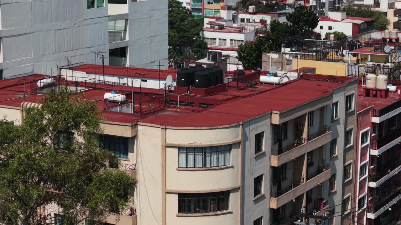 Overhead drone image of a typical apartment building facade in Narvarte area, CDMX