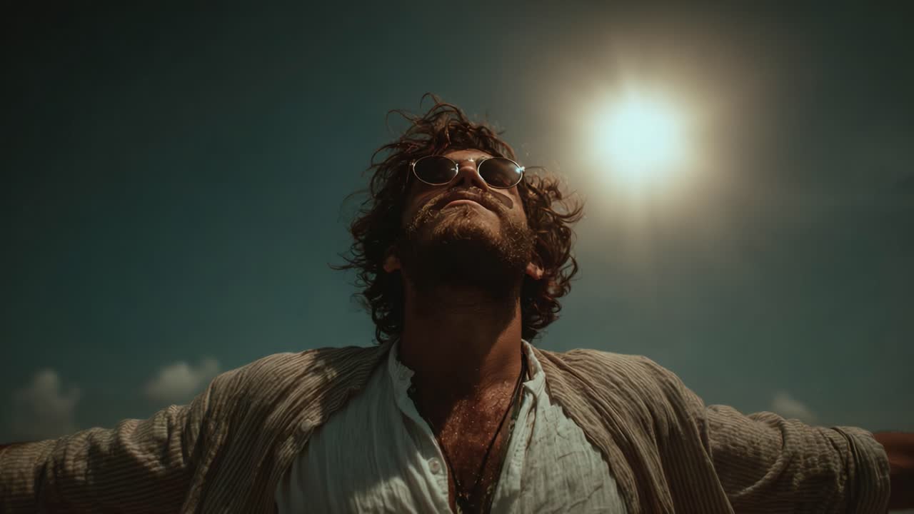 A man stands with arms outstretched under a bright sun, embodying a sense of freedom, joy, and connection with nature, radiating positivity and warmth in idyllic surroundings