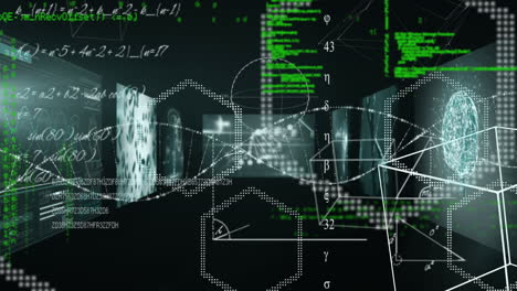 Animation of data processing over dark background