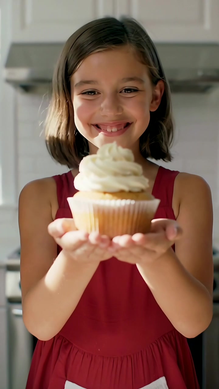 Video verticale: Bambino sorridente in abito rosso che offre un cupcake glassato al bancone, mostrando la glassa