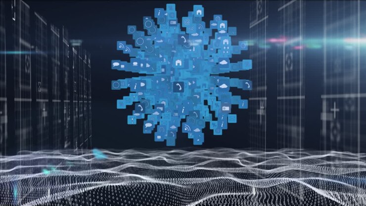 Animation of graphical globe made of computer icons rotating amidst bar graphs over wave patterns