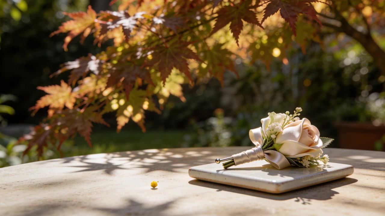 Shifting sun casting shadows across ribbon boutonniere on tile in garden yellow bead, copy space
