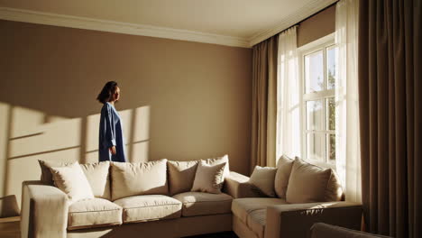 woman in blue dress indoors