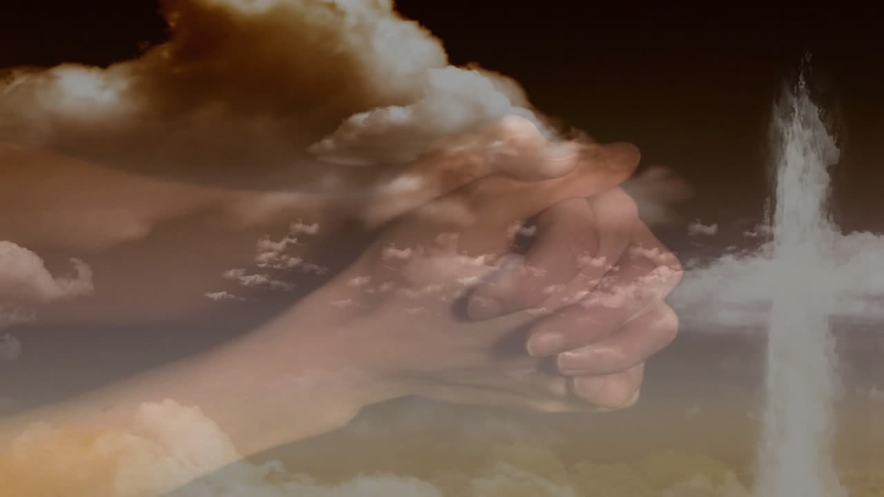 Hands clasping in animation over clouds, creating serene and contemplative mood