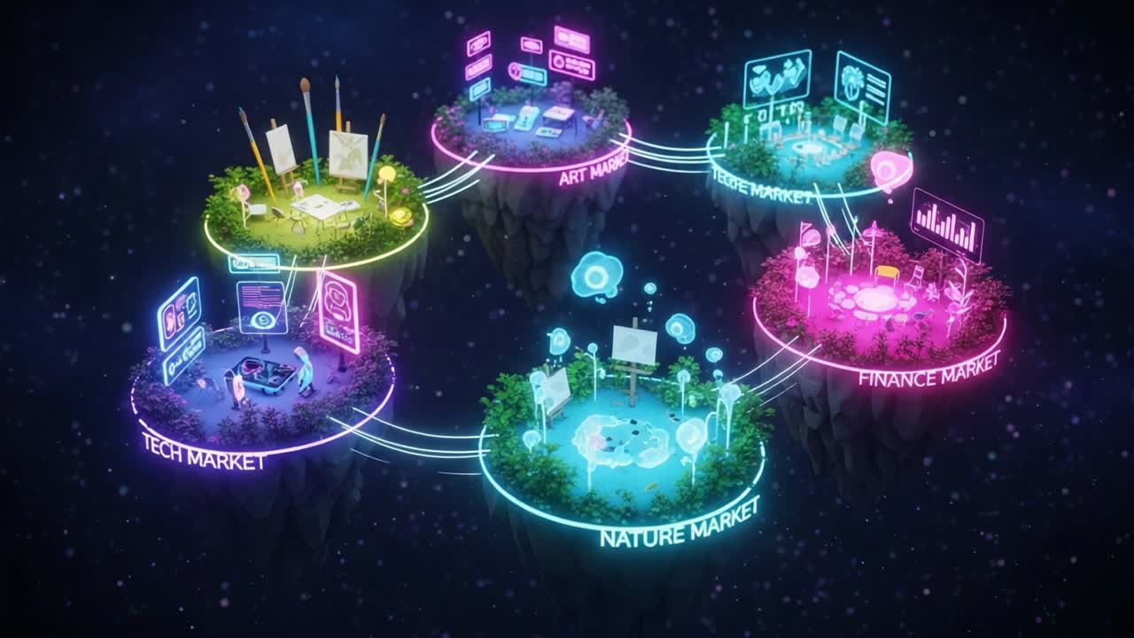 A Vibrant Visualization of Diverse Market Segments with Interactive Elements Highlighting Art, Finance, Tech, and Nature in a Futuristic Digital Landscape