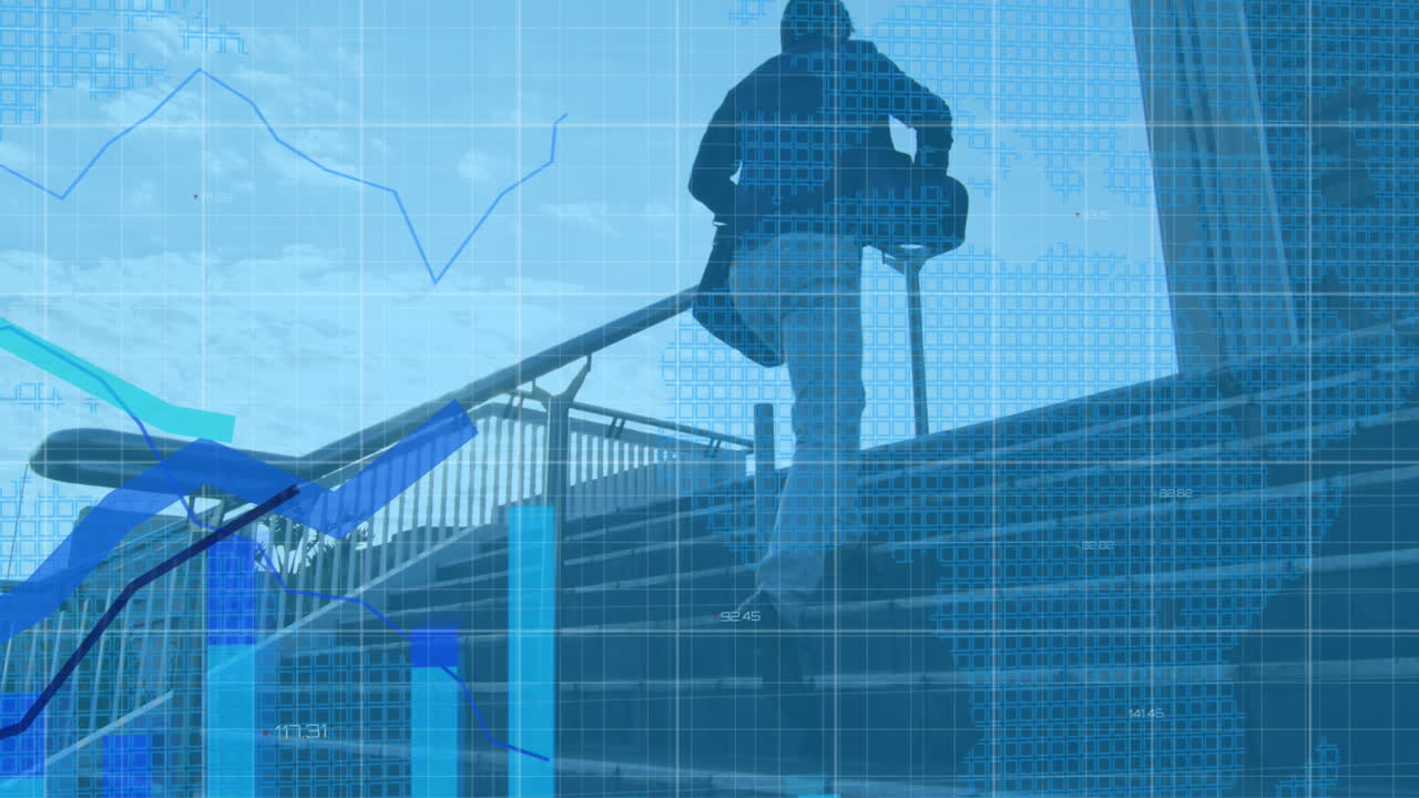 Animation of financial data processing over asian businessman running up stairs