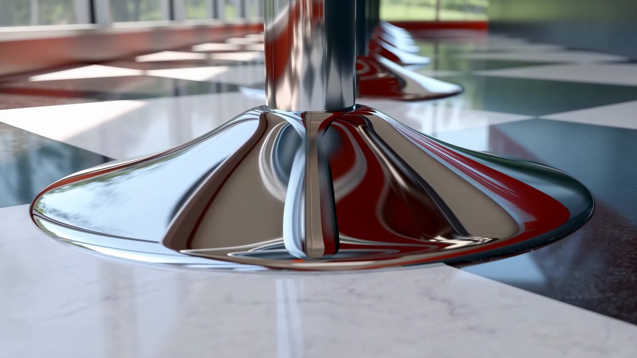 Close-up of a shiny chrome stool base centered on a black and white checkered floor, with soft daylight, blurred windows, and a clean contemporary room