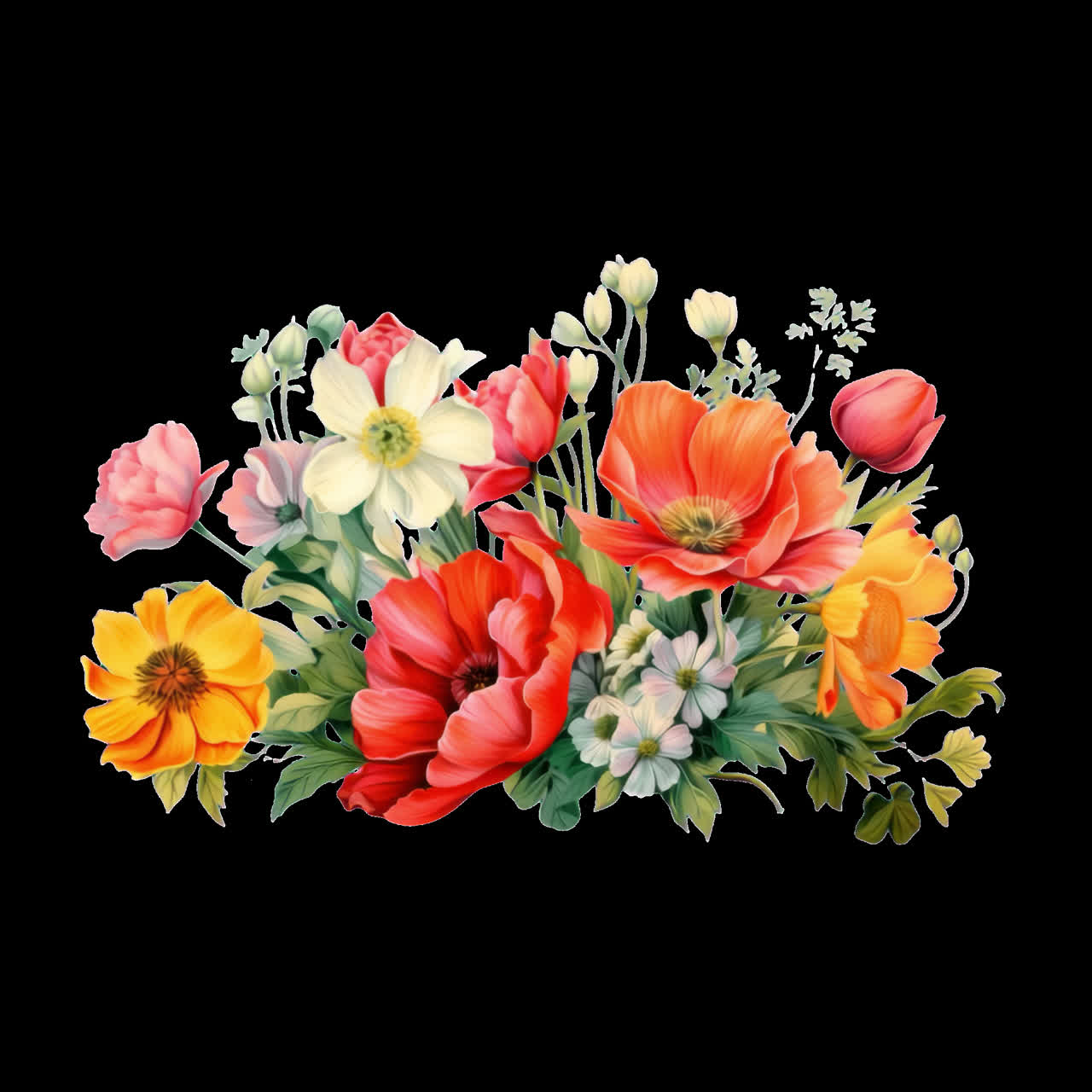 Vibrant floral bouquet illustration animation isolated asset, transparent 4K video, alpha channel