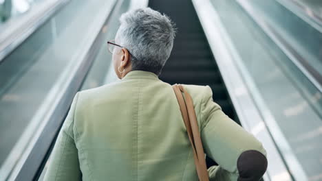 back, woman and in office building for escalator