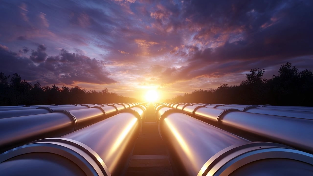 A Captivating Sunrise Over an Industrial Landscape of Pipelines, Illuminating the Sky with Vibrant Hues and Signifying Energy Transition in Modern Infrastructure