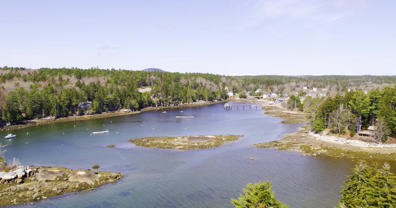 Berrak gün ışığında, Blue Hill Maine'i çevreleyen manzaralı sahil ormanlarını ve koylarını yüksekten çekilmiş bir drone görüntüsü yakalıyor
