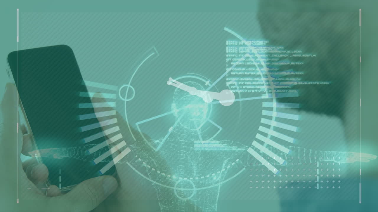 스마트폰을 사용하는 백인 남성에 대한 데이터와 함께 회전하는 범위의 애니메이션