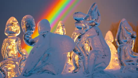 vibrant illuminated ice sculptures under a rainbow sky