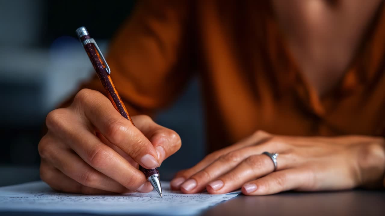 Focused Individual Writing on Paper with a Pen, Demonstrating Concentration and Handwriting Skills in a Well-Lit Indoor Environment