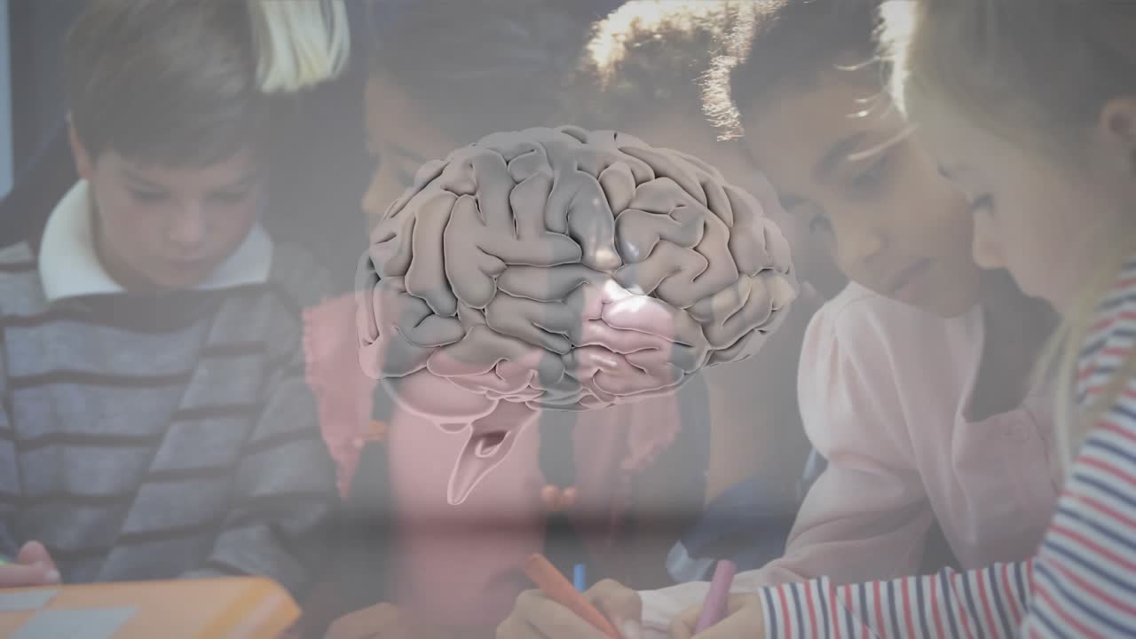 Teacher pointing kids writing with green pencil sharing markers brain overlay rotating for learning