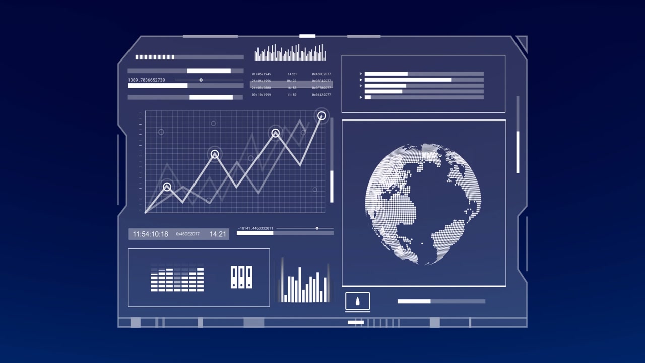 Animation of digital data processing and statistics over blue background