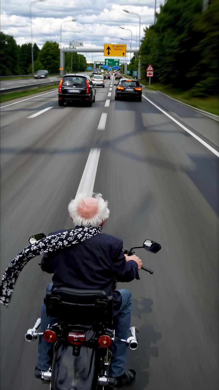 Dynamic rear-view angle of an elderly man on a scooter on a highway, capturing motion and freedom
