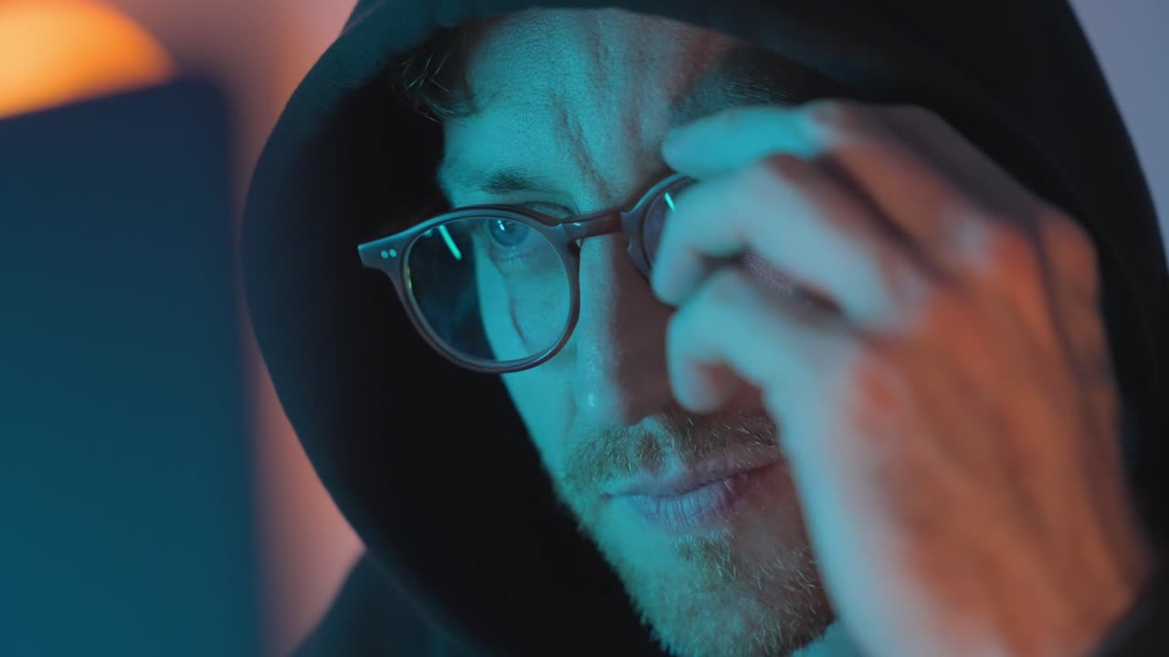 Hombre concentrado con gafas y sudadera usando una laptop por la noche con iluminación dramática azul y naranja, ideal para conceptos como ciberseguridad, hacking, privacidad de datos, fraude en línea, programación, primer plano