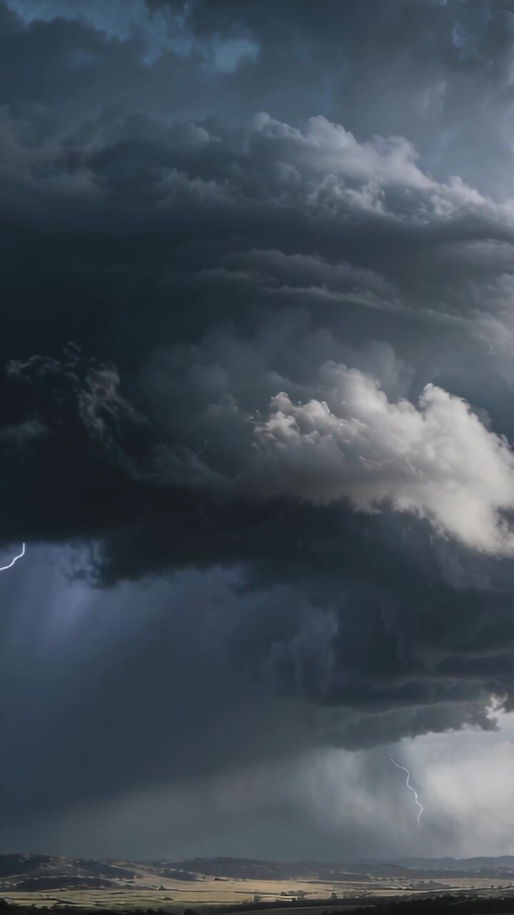 Vertical video: Flashing bolt, shelf cloud lowering over plains, forming core with rain shafts