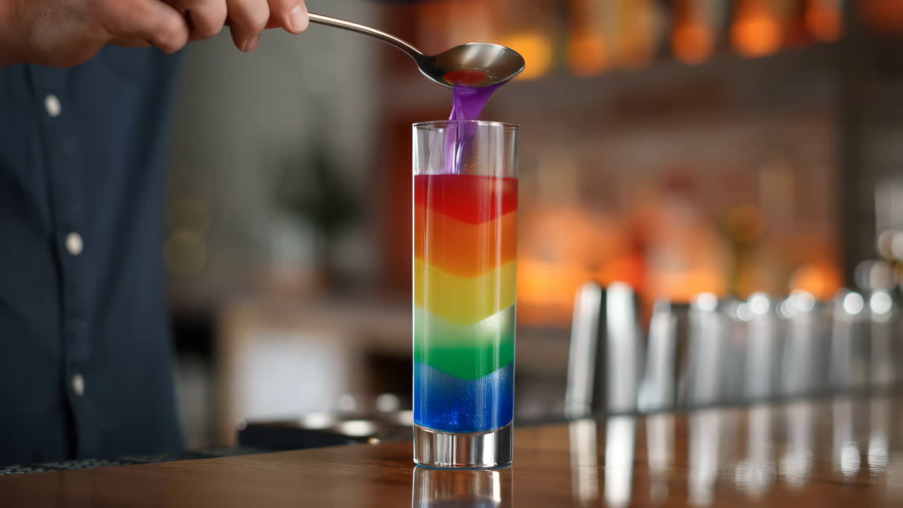 Bartender Prepares a Layered Rainbow Cocktail