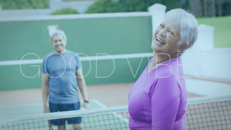 senior couple playing on outdoor tennis court, showing animated health graphs above racket and ball