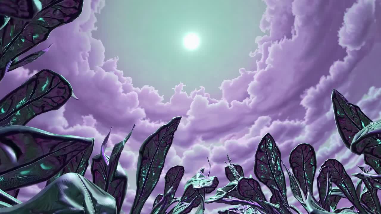 Cieli viola surreali sopra foglie uniche