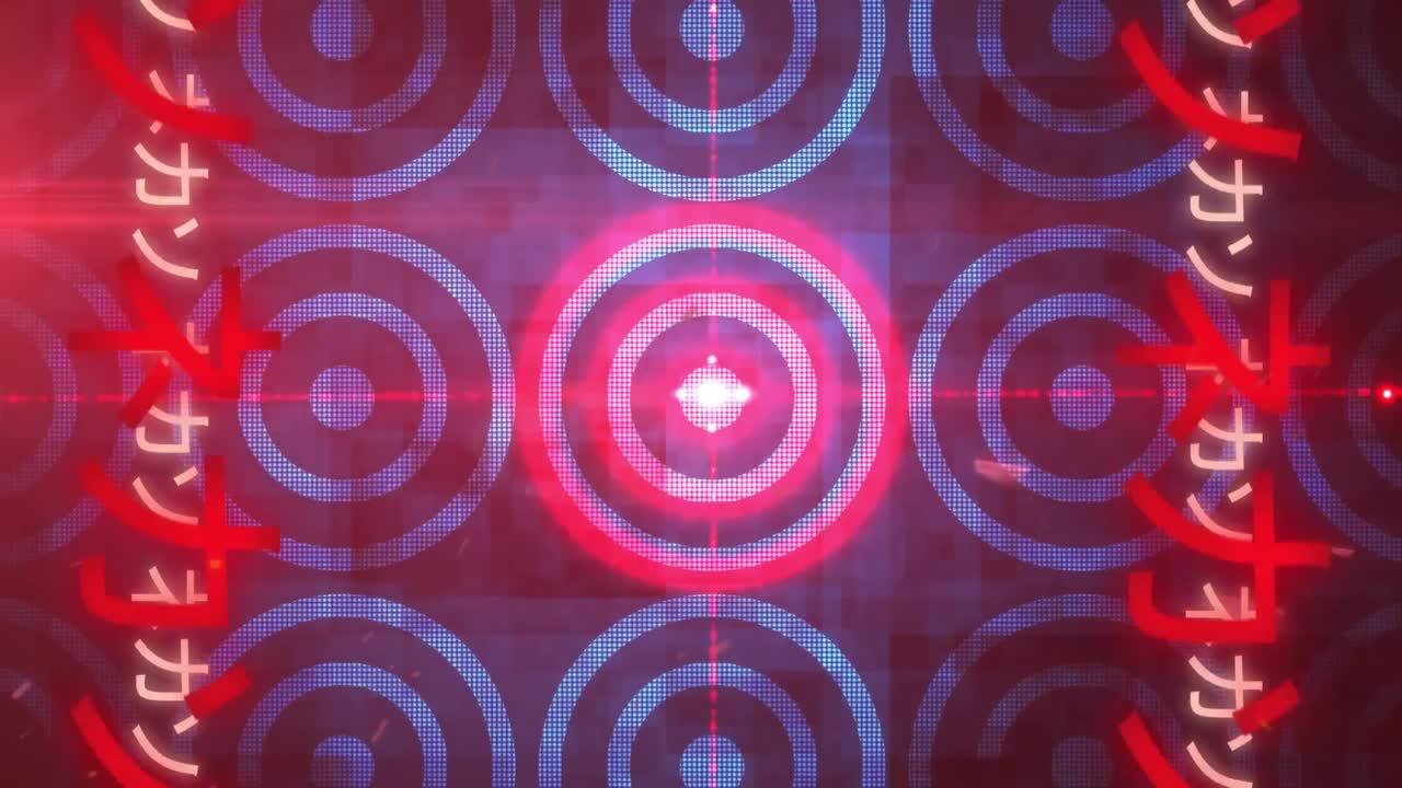 animación de letras asiáticas de neón que se mueven hacia arriba sobre círculos brillantes en el fondo