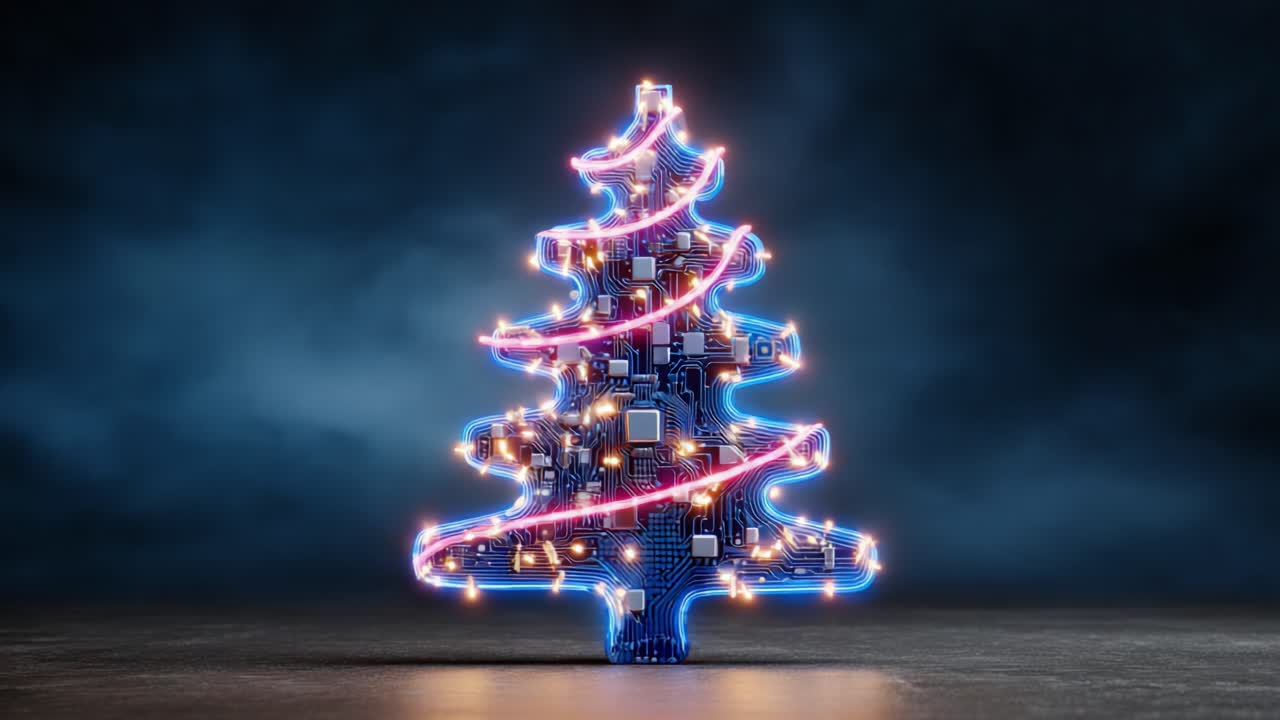 A Stunning Fusion of Technology and Tradition: A Cybernetic Christmas Tree Illuminated by Vibrant LEDs and Circuitry, Symbolizing Innovation in Holiday Decor