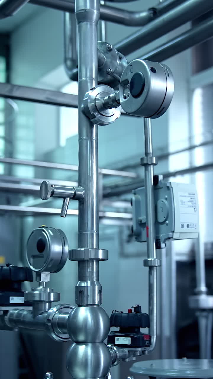 Milk production at a dairy factory. Metal pipes and new technology tubes inside a milk farm. Automated equipment on dairy factory.. Vertical video