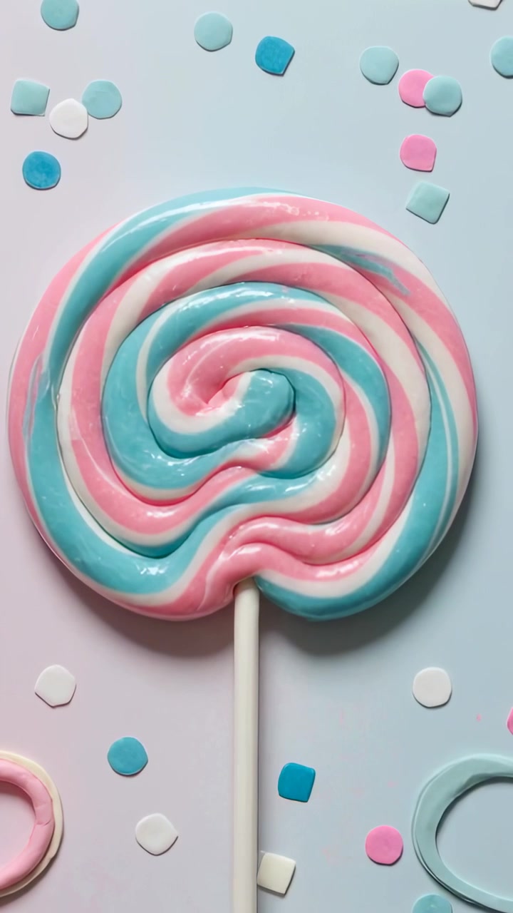 Verticale video: Vallende confetti nestelt zich rond lolly op pastelkleurige tafel, roze en mintkleurige ringen te koop.