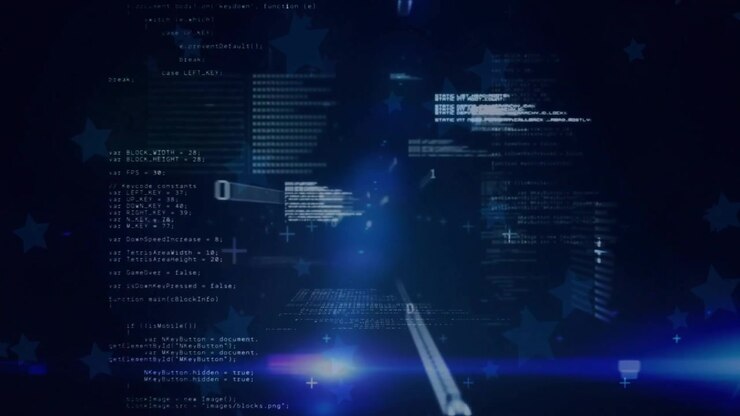 Digital Programming Code and Floating Data Elements on Dark Blue Background