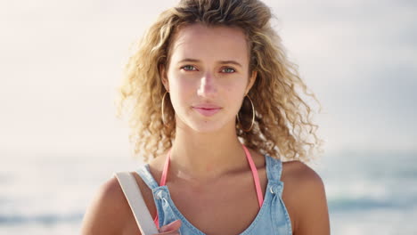 Face,-woman-and-calm-with-curly-hair-at-beach
