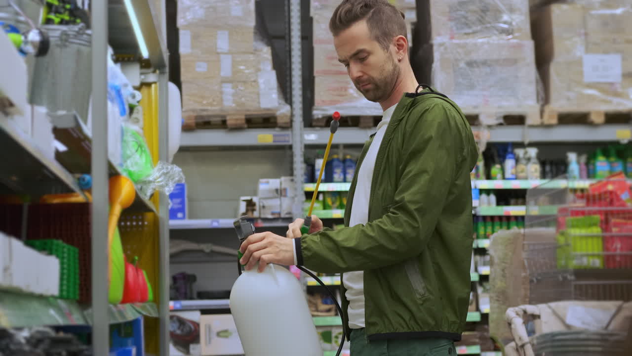 hombre inspeccionando el pulverizador de jardín en una tienda de mejoras para el hogar