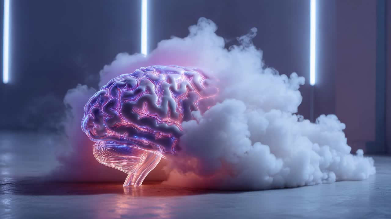 Una straordinaria visualizzazione di un cervello che emerge da un fumo misterioso con illuminazione al neon, a simboleggiare creatività e innovazione in un contesto futuristico