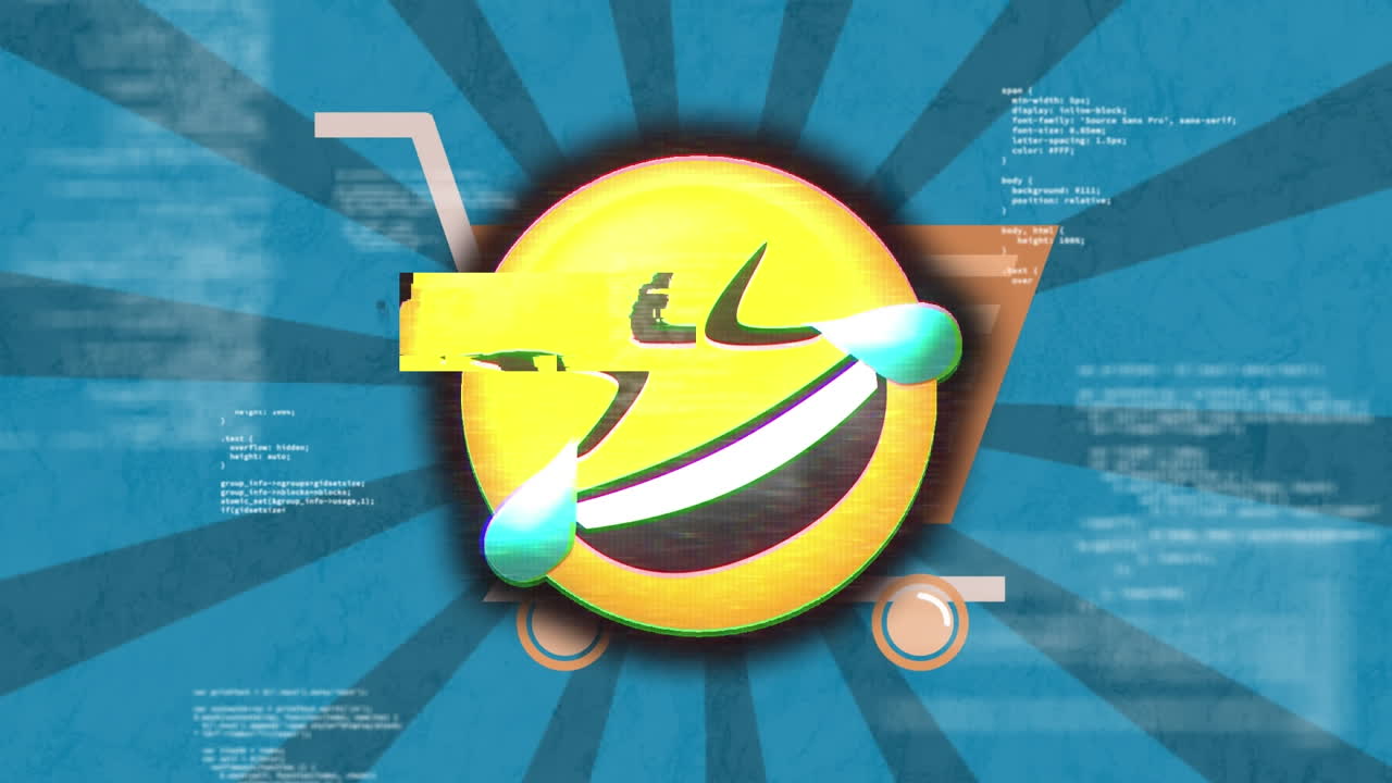 파란색 방사선 배경에 쇼핑 카트 아이콘에 대한 웃는 얼굴 이모티콘에 대한 오류 효과